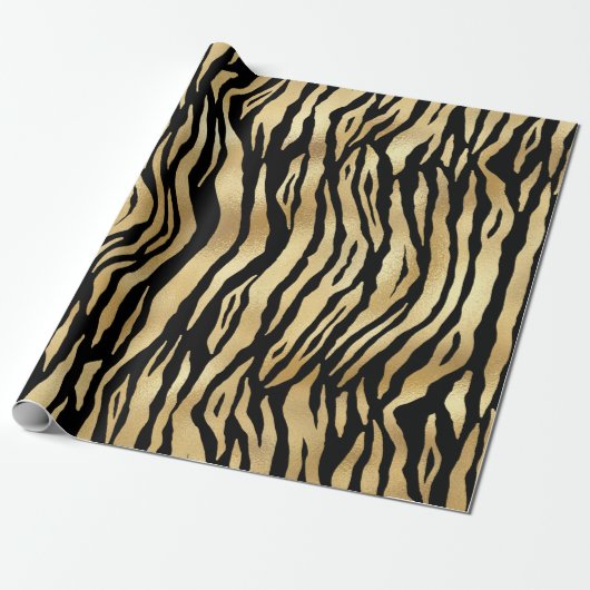 Modern Black Gold Shimmer Tiger Stripes Birthday Cadeaupapier (Uitgerold)