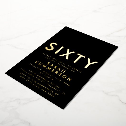 Modern Black Gold Sixty 60th Birthday Party Folie Uitnodiging (Gedraaid)