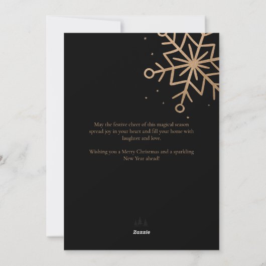 Modern Black Gold Snow Flake Script Christmas Feestdagenkaart (Achterkant)