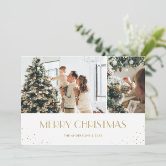 Modern Black Gold Snow Merry-kerstfoto Feestdagenkaart (Staand voorkant)