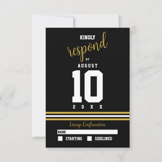Modern Black Gold Sporty Wedding RSVP Kaartje (Voorkant)
