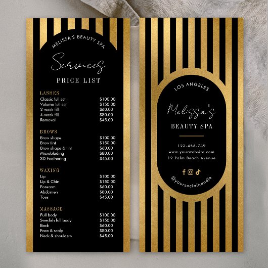 Modern Black & Gold Stripes Salon Price List Menu