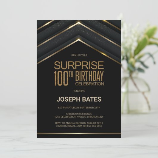 Modern Black Gold Surprise 100ste verjaardag Kaart (Staand voorkant)