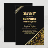 Modern Black Gold Surprise 70ste verjaardag diner Kaart (Voorkant / Achterkant)