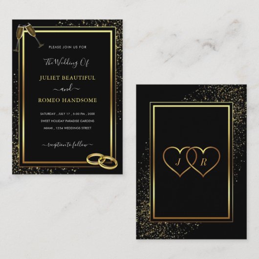 Modern Black Gold Wedding Invitation met Rings Notitiekaartje (Voorkant / Achterkant)