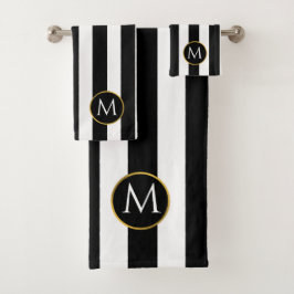 Modern Black Gold White streept monogram Bath Towe Bad Handdoek