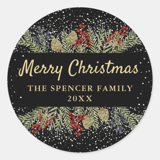 Modern Black Gold Winter Holly Berries Kerstfeest Ronde Sticker (Voorkant)