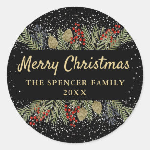 Modern Black Gold Winter Holly Berries Kerstfeest Ronde Sticker