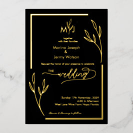 Modern Black & Golden Leaflet Border Monogram Folie Uitnodiging
