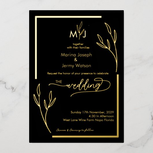Modern Black & Golden Leaflet Border Monogram Folie Uitnodiging (Voorkant)