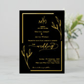 Modern Black & Golden Leaflet Border Monogram Folie Uitnodiging (Staand Voorkant)