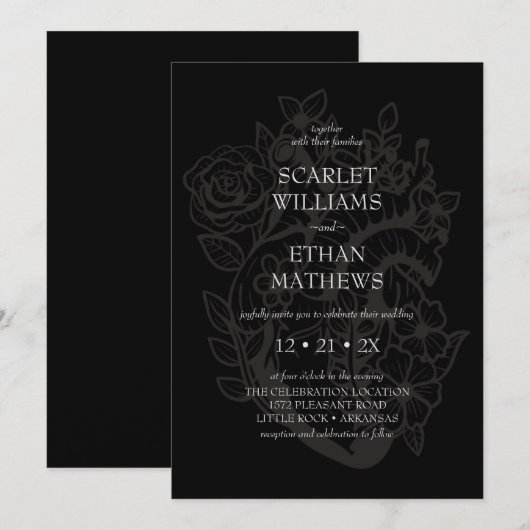 Modern Black Gothic Elegant Floral Heart Wedding Kaart (Voorkant / Achterkant)