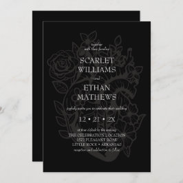 Modern Black Gothic Elegant Floral Heart Wedding Kaart