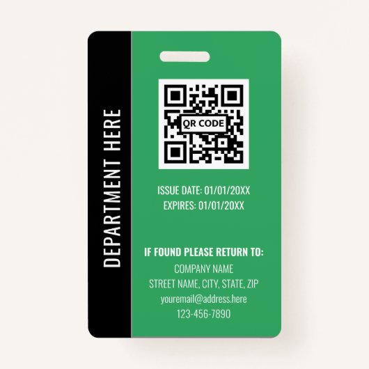 Modern Black Green Employee Identification Card Badge (Achterkant)