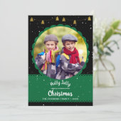 Modern Black Green Holly Jolly-kerstfoto Feestdagenkaart (Staand voorkant)