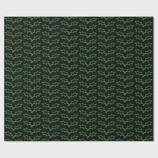 Modern Black Green Red Xmas Dark Holly Pattern Cadeaupapier (Vlak)