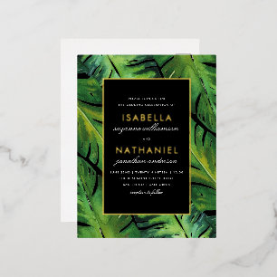 Modern Black & Green Tropical Leaves Wedding Folie Uitnodiging Briefkaart