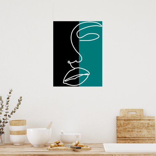 Modern Black, Green & White Facial Line Art Canvas Poster (Keuken)