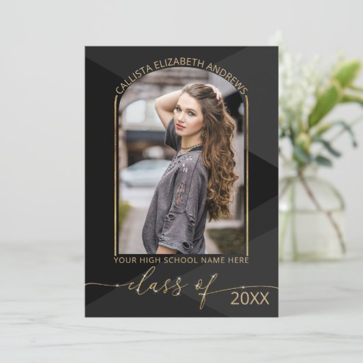 Modern Black Grey Geometric Photo Afstuderen Aankondiging (Staand voorkant)