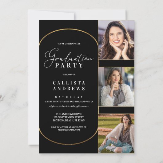 Modern Black Grey Geometric Photo Afstuderen Invit Kaart (Achterkant)