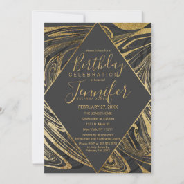Modern Black Grey Gold Marble Swirl Birthday Kaart