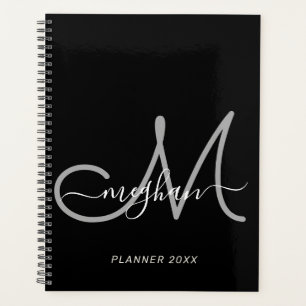 Modern Black Grey Handgeschreven Script Monogram 2 Planner