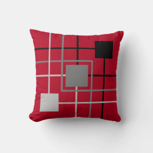 Modern Black Grey Lines & Squares on Burgundy Red Kussen