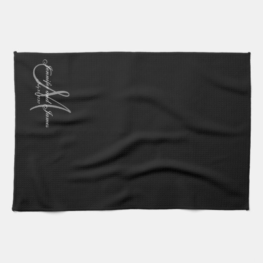 Modern Black Grey Monogram Pas getrouwd Wedding Theedoek (Horizontaal)