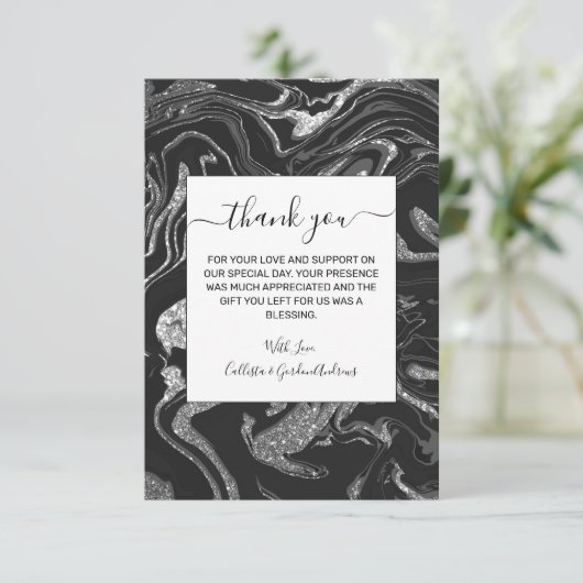 Modern Black Grey Silver Glitter Marble Bedankkaart (Staand voorkant)