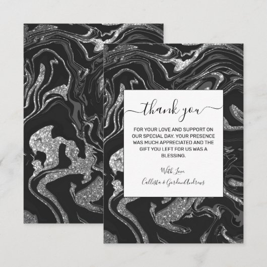 Modern Black Grey Silver Glitter Marble Bedankkaart (Voorkant / Achterkant)