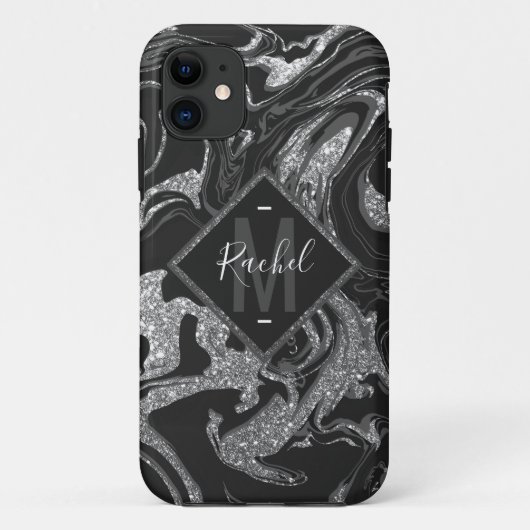 Modern Black Grey Silver Glitter Marble Case-Mate iPhone Case (Achterkant)