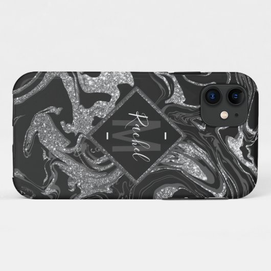Modern Black Grey Silver Glitter Marble Case-Mate iPhone Case (Achterkant (horizontaal))