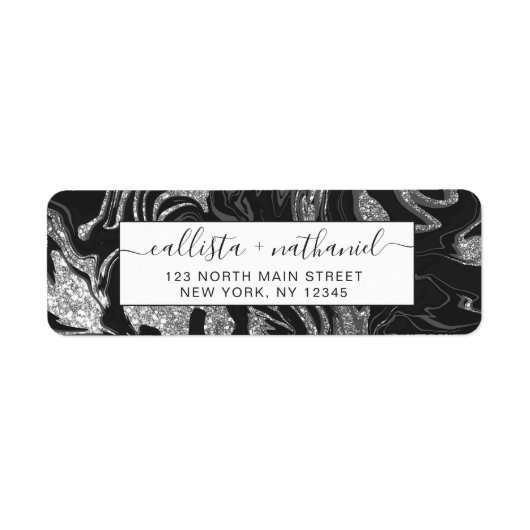 Modern Black Grey Silver Glitter Marble Etiket (Voorkant)