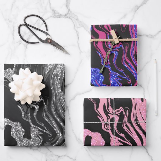 Modern Black Grey Silver Glitter Marble Inpakpapier Vel (Voorkant)