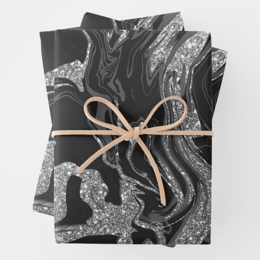 Modern Black Grey Silver Glitter Marble Inpakpapier Vel (In situ)