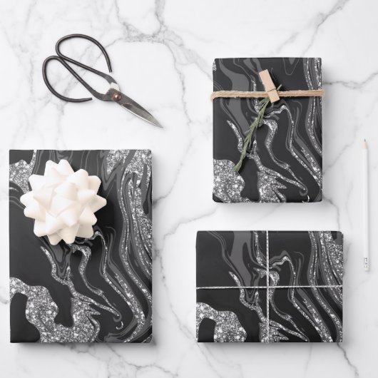 Modern Black Grey Silver Glitter Marble Inpakpapier Vel (Voorkant)