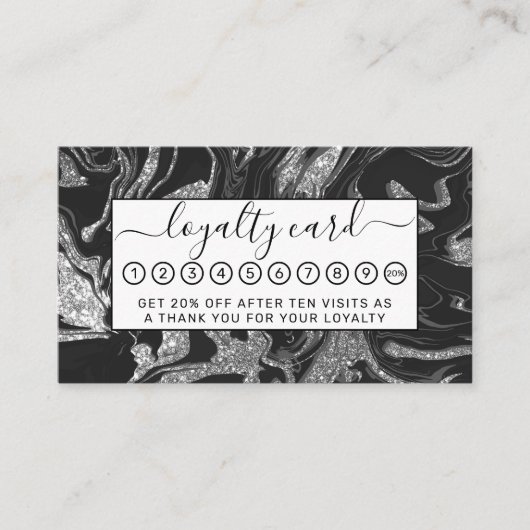Modern Black Grey Silver Glitter Marble Klantenkaartje (Voorkant)