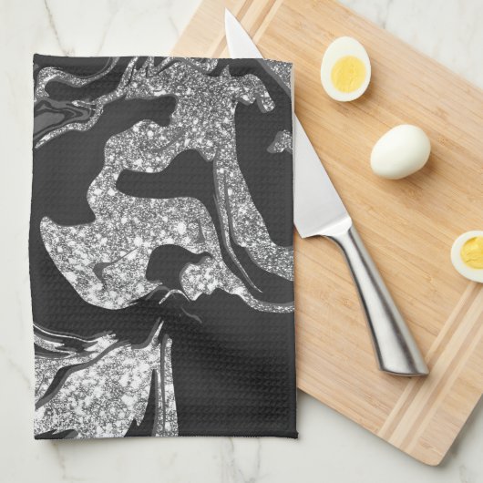 Modern Black Grey Silver Glitter Marble Theedoek (Quarter Fold)