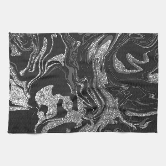 Modern Black Grey Silver Glitter Marble Theedoek (Horizontaal)