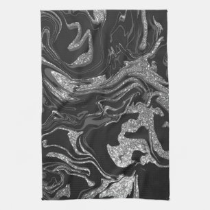 Modern Black Grey Silver Glitter Marble Theedoek