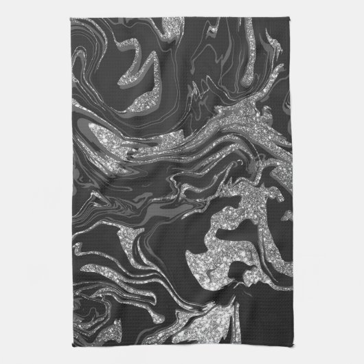 Modern Black Grey Silver Glitter Marble Theedoek (Verticaal)
