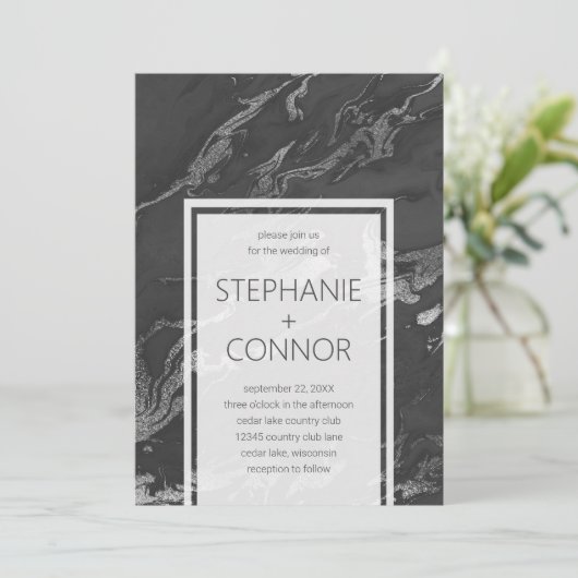 Modern Black Grey Silver Marble Wedding Invitation Kaart (Staand voorkant)