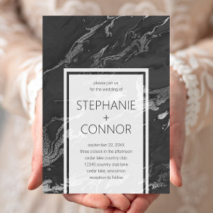 Modern Black Grey Silver Marble Wedding Invitation Kaart