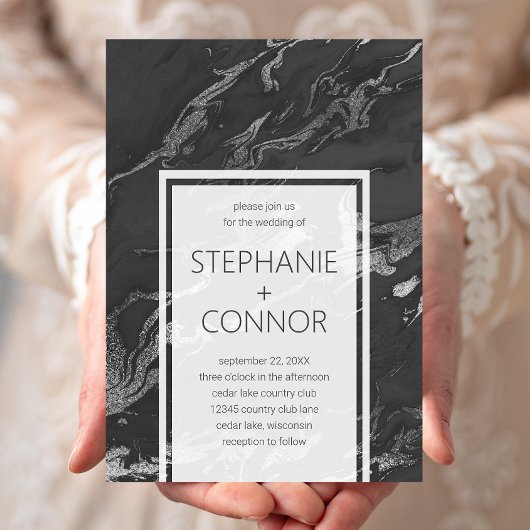 Modern Black Grey Silver Marble Wedding Invitation Kaart