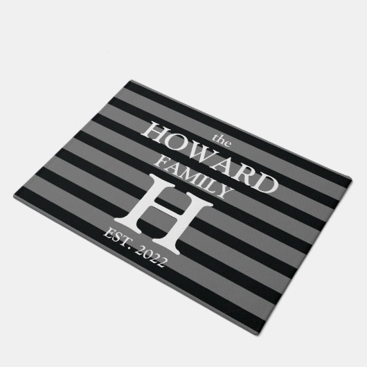 Modern Black Grey Stripes Monogram Name Weddenscha Deurmat (Schuin)
