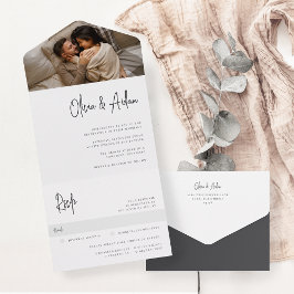 Modern Black Handwrited Script Photo Wedding All In One Uitnodiging