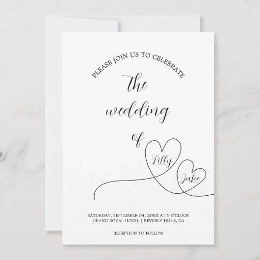 Modern Black Heart Calligraphy Script Wedding Kaart (Voorkant)