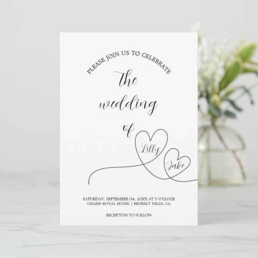 Modern Black Heart Calligraphy Script Wedding Kaart (Staand voorkant)