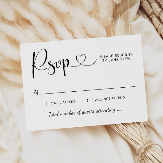 Modern Black Heart Calligraphy Script Wedding RSVP Kaartje