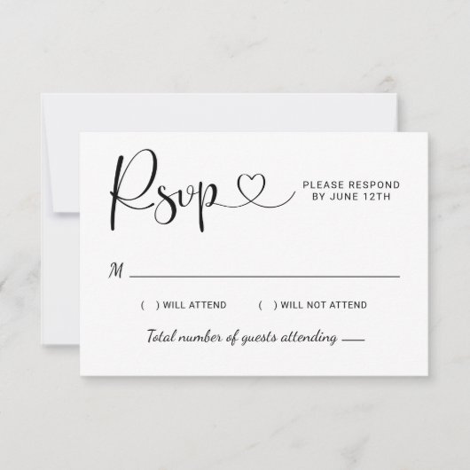 Modern Black Heart Calligraphy Script Wedding RSVP Kaartje (Voorkant)